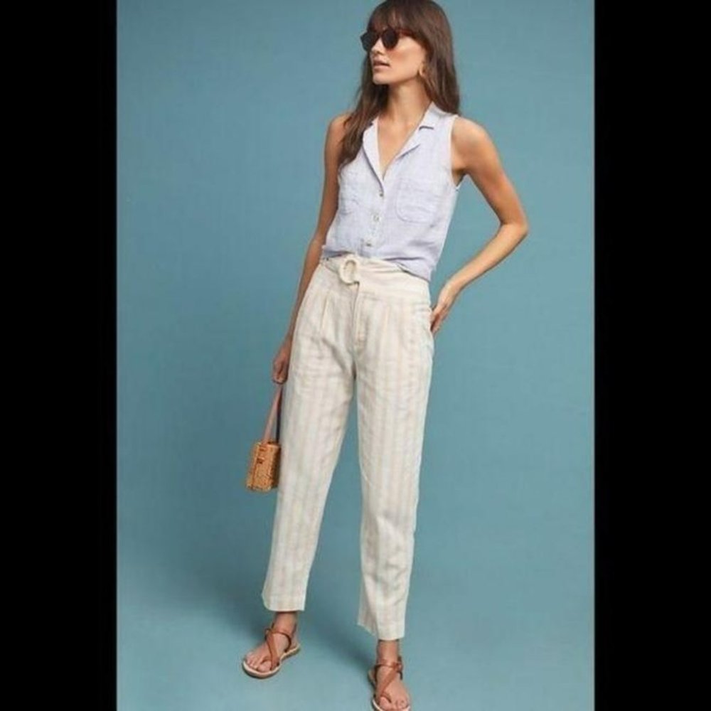 🌞 Anthropologie Oasis Striped Linen High Rise Pants 13" waist - Picture 2 of 12